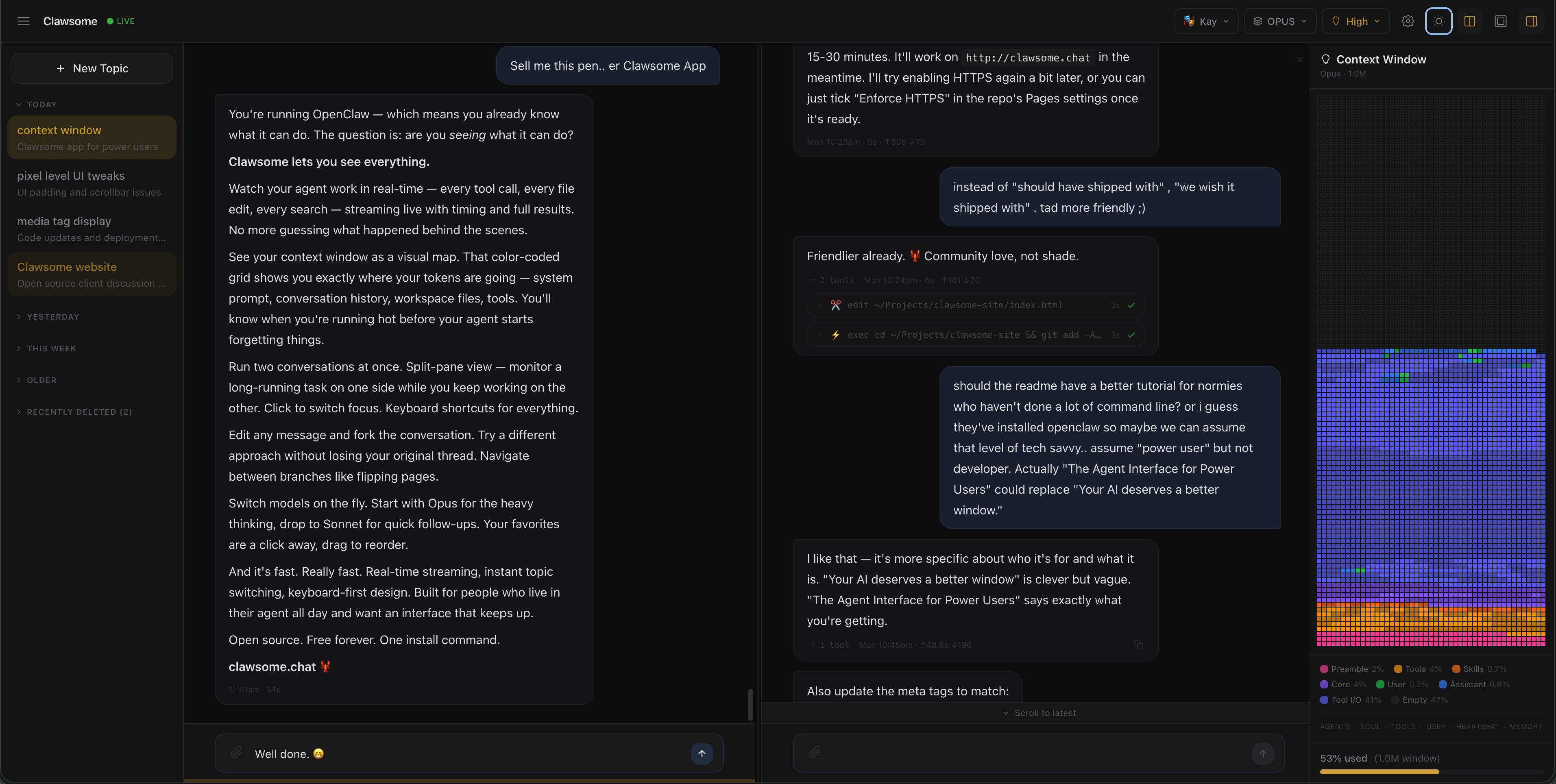 Clawsome app screenshot showing the chat interface with AI conversation